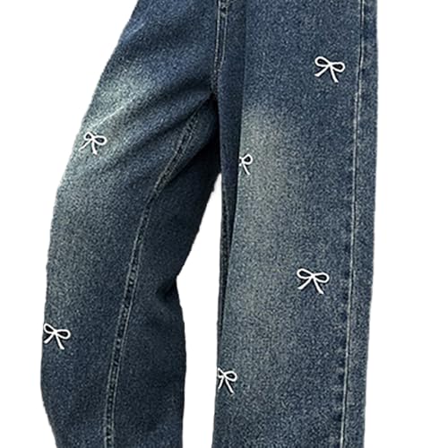 Tween Girls Baggy Jeans-Bow Embroidery Wide Leg Denim Pants with Pockets, Elastic Waistband Pants for Girls3