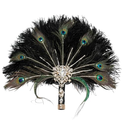 Vintage Elegance Handcrafted Peacock and Ostrich Feather Wedding Fan Black and Gold Rhinestone Brooch Bridal Bouquet Accessory20s Gatsby Wedding