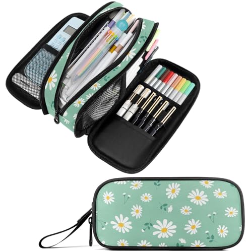 Image of Fustylead Lovely Daisy Flower on Mint Green Pencil Pen Case Stationery Bag 3 Compartments School College Office Organizer Cosmetics Bag