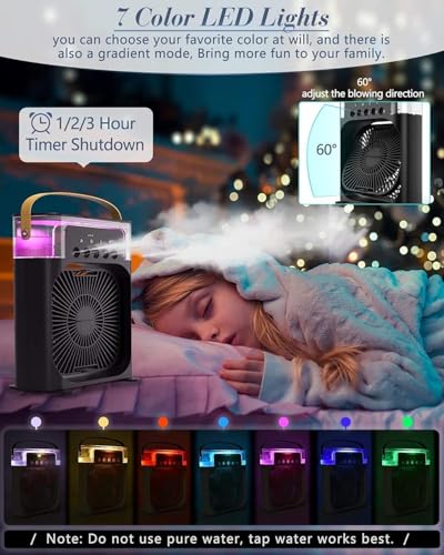 Image of Cooler for Room Cooling Mini AC Portable Mini Fan Artic Cooler with 7 Colors LED Light, 1 /2 /3 H Timer,Rotate 3 Wind Speeds and 3 Spray Modes for Office,Home,Dorm,Travel