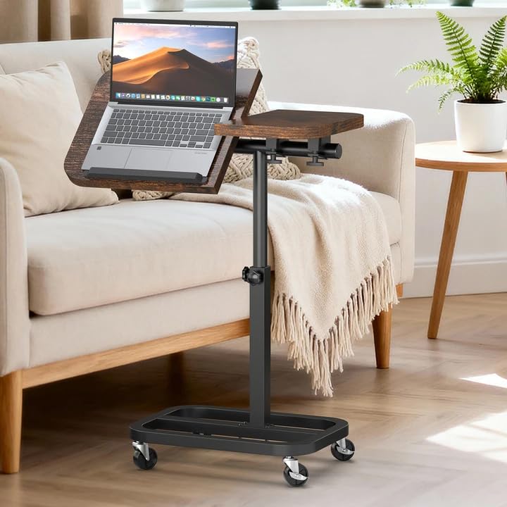 alentar Large-Size Portable Laptop Rolling Desk with Wheels, Adjustable Height and Tilt Top Stable Mobile Over-Bed Table for Home Use - Brown
