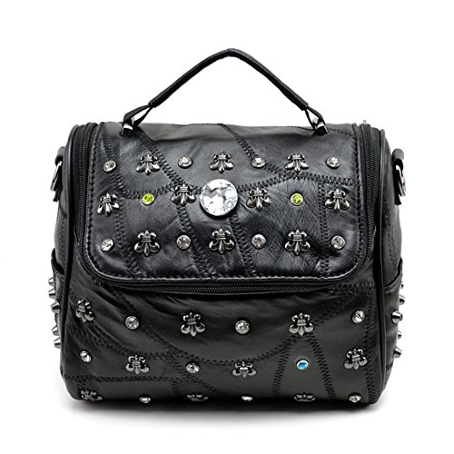 Sac une épaule diagonal en cuir vintage avec strass et rivets mode