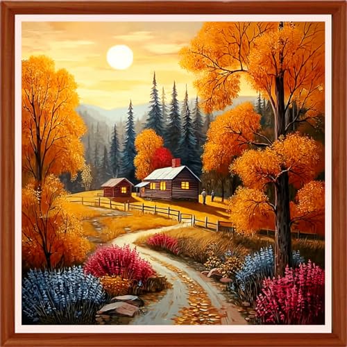 Image of Hopeart Stamped Cross Stitch Kits for Beginner Embroidery Kits for Beginners Adults DIY 11CT Cross Stitch Patterns Needlepoint Kits Crossstitching Kits-Deep Autumn Homeland 18x18 inchs