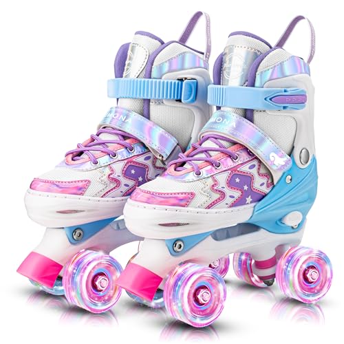 Patines de ruedas para niñas y niños, ruedas iluminadas ajustables de 4 tamaños, regalo de cumpleaños para deportes en interiores y exteriores, patines azules y rosas para niños de 3 a 12 años