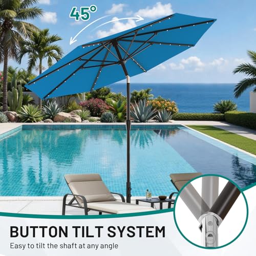 Image of AreShark 9FT Patio Umbrella with Solar Lights, 32 Lighted Pool Umbrella w /Tilt and Crank, Outdoor Market Solar Umbrellas for Garden, Deck, Backyard, Pool and Beach, Royal Blue