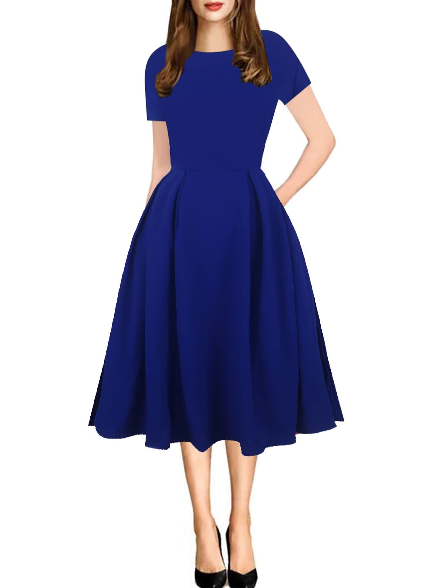 oxiuly Women's Vintage Patchwork Pockets Puffy Swing Casual Party Dress OX165