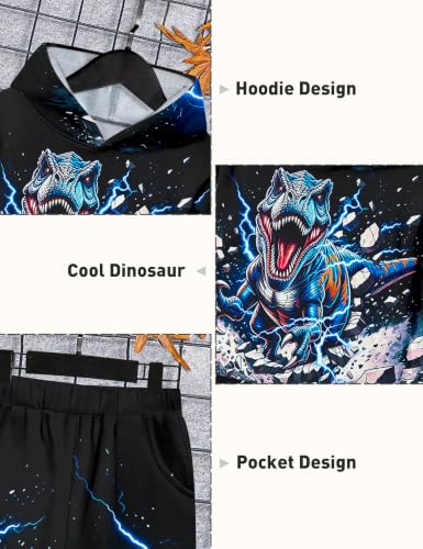 Image of Boys Clothes, T-Rex Print Dinosaur Boy Clothes Fall Winter Outfits Long-sleeved Hooded Sweatshirt Pants 2Pcs Set