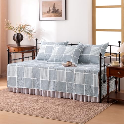 SLEEP ZONE 5 Pcs Daybed Cover Set Art Plaid Quilting Cozy All Season Soft Daybed Comforter Bedding Set with Bedskirt Matching Sham 75 39 Gray Blue