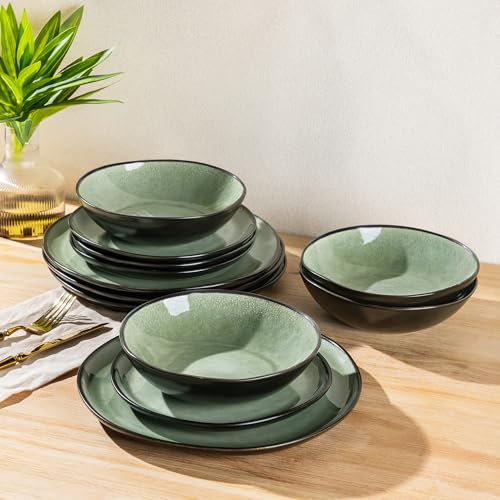 Image of AmorArc Ceramic Dinnerware Sets for 4, 12Pcs Plates and Bowls Sets Dishes | Stoneware Handmade Reactive Glaze Dinner Set, Highly Scratch Resistant | Dishwasher & Microwave Safe Dishware
