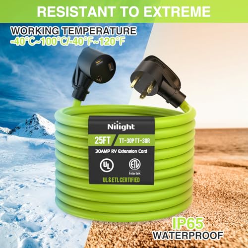 Image of Nilight 25FT 30 Amp RV Extension Cord 125V Heavy Duty 10 /3 Gauge Pure Copper STW Wire UL ETL Listed 3 Prong TT-30P TT-30R Weatherproof Suit for Camper Caravan Trailer Bright Green