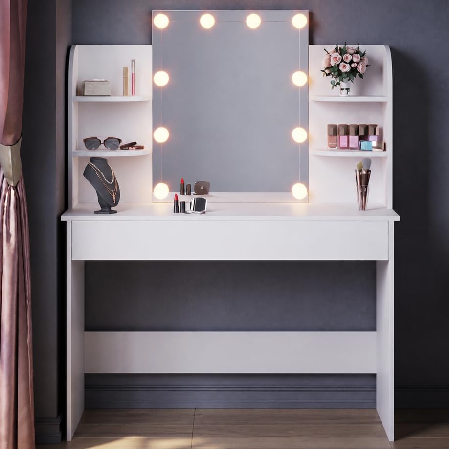 ELEGANT White Dressing Table with Hollywood LED Mirror, 108x40x139cm
