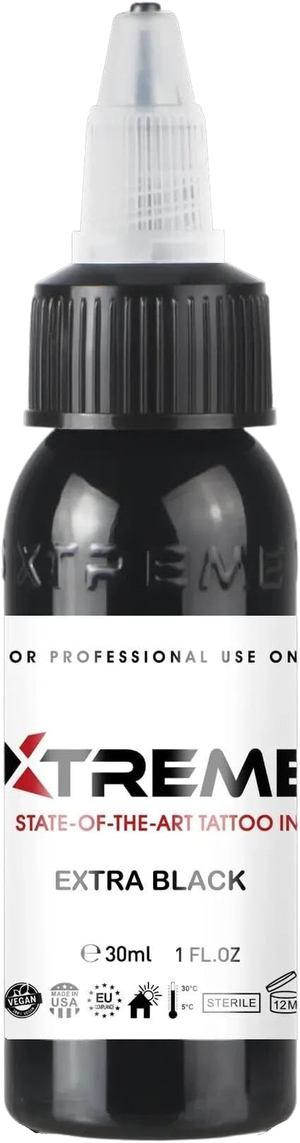 Xtreme Tattoo Ink, Versatile Medium Viscosity for Precision Tattooing, Rich Hue, Quick Healing, Acrylic-Free, Water Based and Premium Quality, Ready-to-Use Tattoo Ink (Extra Black, 1 oz)