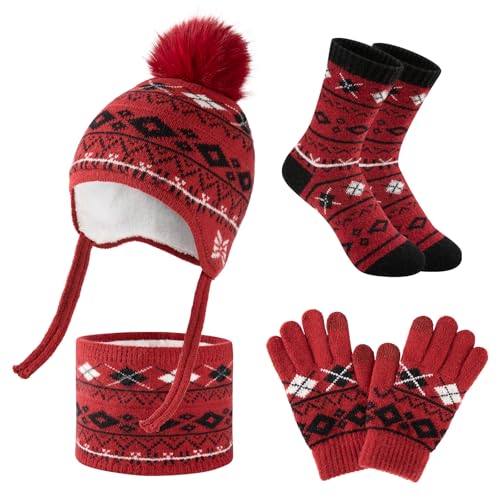 Comfoex 4 Pcs Kids Winter Beanie Hat Gloves Scarf Sock Set Neck Warmer Gaiter Knitted Fleece Lined Thermal Set for Boys Girls
