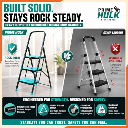 Image of Prime Hulk 5 Step Heavy Duty Steel Step Ladder for Home | Extra Wide Anti-Skid Steps | Strong Stable No-Wobble Design | Powder Coated | Slim Foldable Space Saving Ladder with Rubber Feet