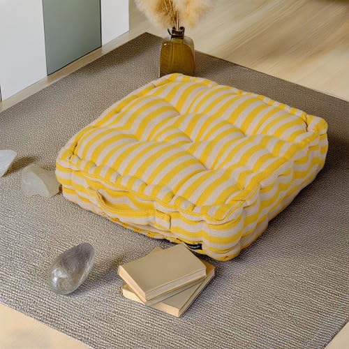 Image of Weaved Quilted Floor Cushion 60x60x10 cm Yellow Stripe with Cotton Filler Large Size for Seating, Patio Seat, Meditation, Yoga, Pooja, Guests, Living Room, Bedroom Size - 24x24x4 Inch