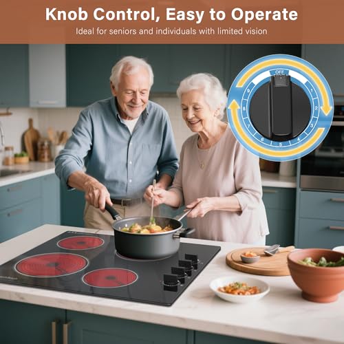 Image of 24 inch Built-In 4 Burner Electric Cooktop, Dual-Ring Burners, 6700W Radiant Stove Top with Knob Control, Residual Heat Indicator & Auto Shut Off, 220-240v Hardwire(No Plug)