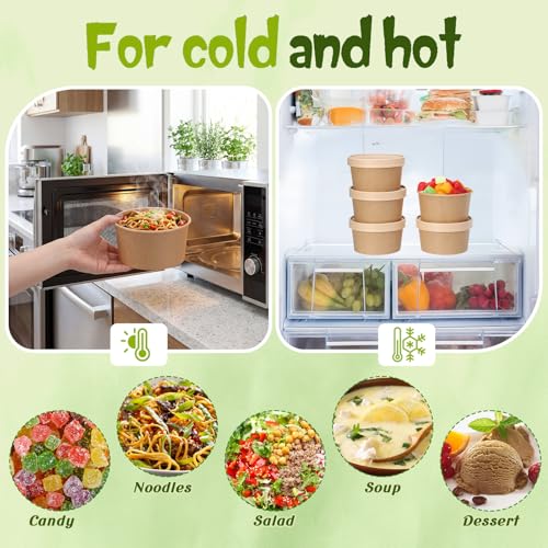 Image of Fulmoon 15 oz 100 Pack Paper Containers with Lids Soup Bowl Cup, Brown | Disposable Ice Cream Cup, Kraft Food Containers with Vented Lid Stackable for Hot Soup Dessert Cake Fruit Microwave Takeout