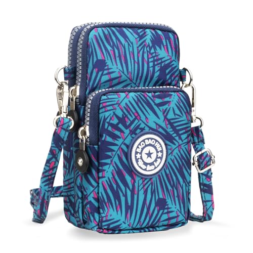 Pequena bolsa transversal para mulheres, mini bolsa de celular carteira com alça ajustável sobre o ombro, Folha de conífera azul, Small, Bolsa transversal pequena