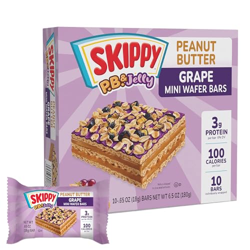 Image of SKIPPY Peanut Butter Wafer Bars Mini | Grape Jelly Flavored Coating | Peanut Butter Wafers with Real Fruit & Oats on Top | Sweet & Creamy Dessert Snacks | 0.65 oz (18g) Per Bar, 10-Pack