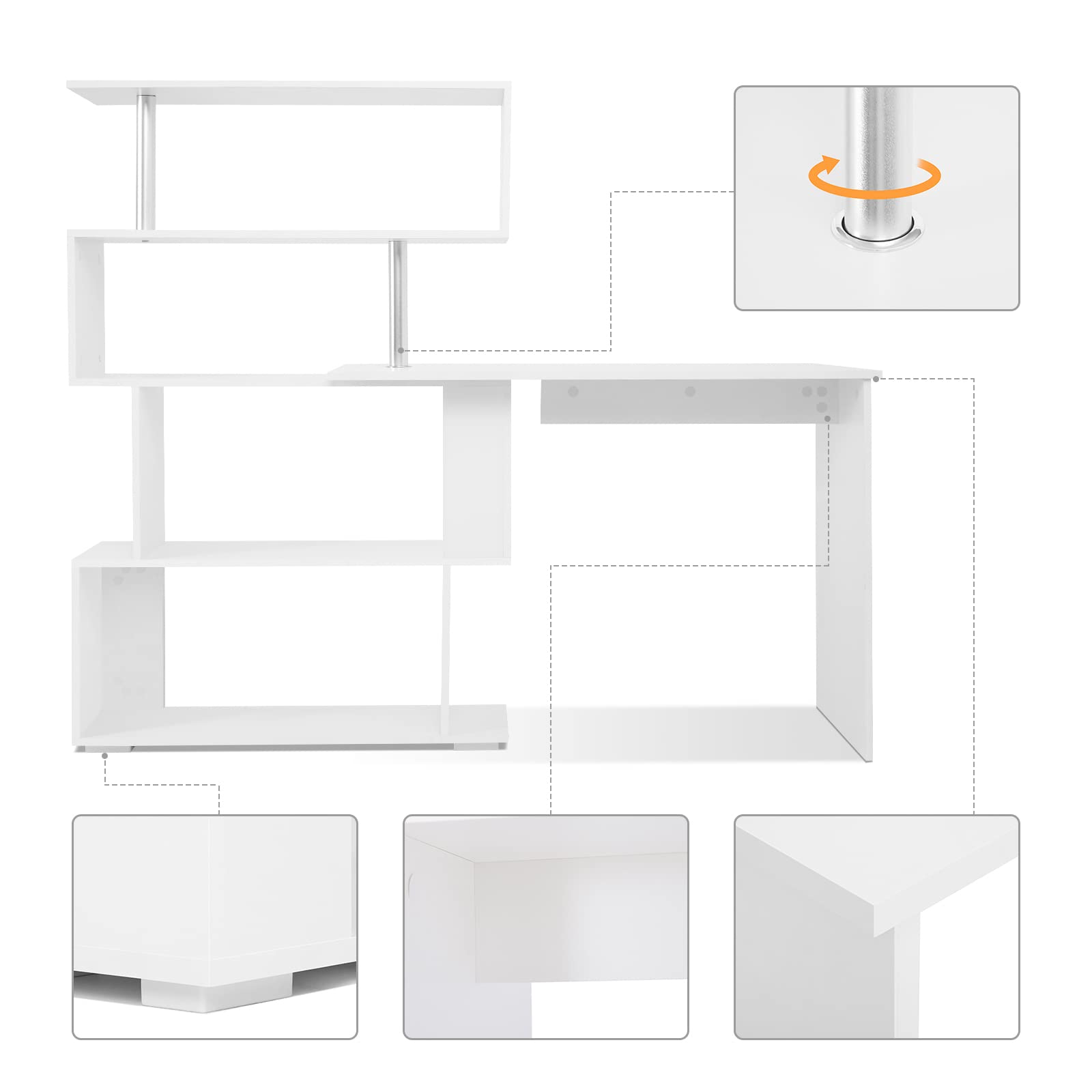 Mondeer Computertisch L-Förmig, Eckschreibtisch, mit 360 Grad Drehbarem Bücherregal für Arbeitszimmer Wohnzimmer Büro 157 x 45 x 130,5 cm, Weiß
