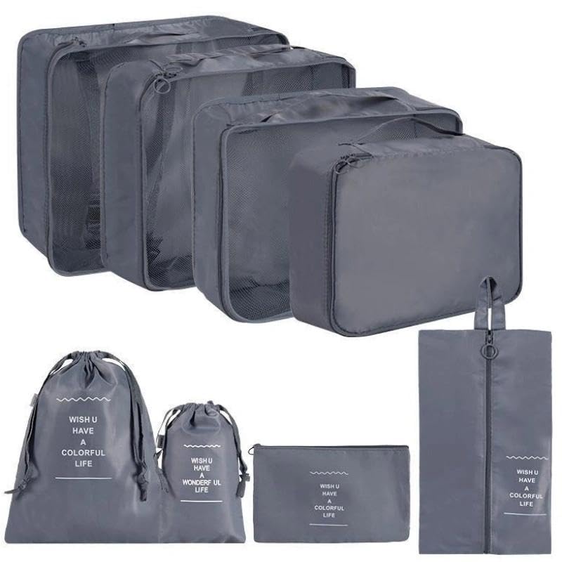 Suitcase Packing Cubes, 8PCS Travel Organiser Packing Bags, Travel Accessories Organizer Clothes Shoes Cosmetics Storage Bags-Grey