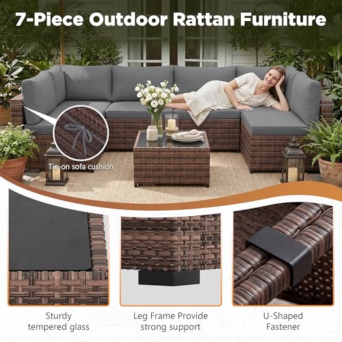 Image of LHBcraft 7 Pieces Outdoor Wicker Rattan Patio Furniture, Outdoor Sectional Set Patio Sofa with Coffee Table & Grey Cushions for Garden