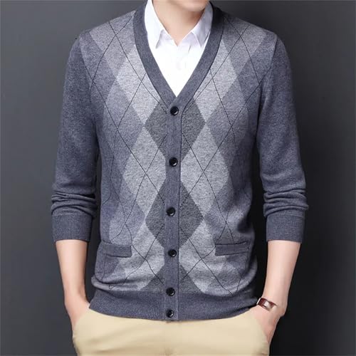 Men's Argyle Patchwork Knit Cardigan Fashion V-Neck Casual Knitted Sweatercoat2