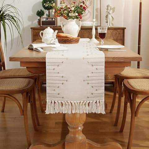 CoFashion Boho Table Runner with Tassels 13 X 60 Inches Long,Woven Modern Farmhouse Table Runner - Rustic Natural Coffee Table Runner for Home Dining Table Decor,Wedding Party,Khaki and Beige Cover