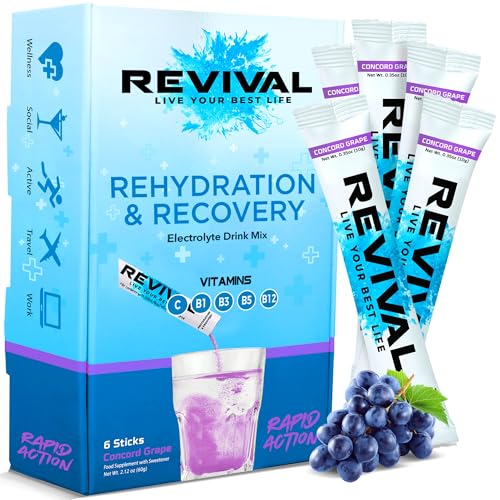Revival Rapid Rehydration, Electrolytes Powder - High Strength Vitamin C, B1, B3, B5, B12 Supplement Sachet Drink, Effervescent Electrolyte Hydration Tablets - 6 Pack Concord Grape