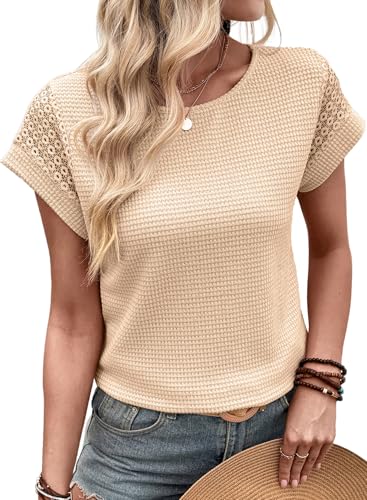 Dokotoo Women's T-Shirts Lace Short Sleeve Waffle Knit Tshirts Shirts for Women Crewneck Spring Summer Tops Solid Color Cute Basic Tees Casual Loose Fit Sweater Blouse Beach Vacation Apricot Medium