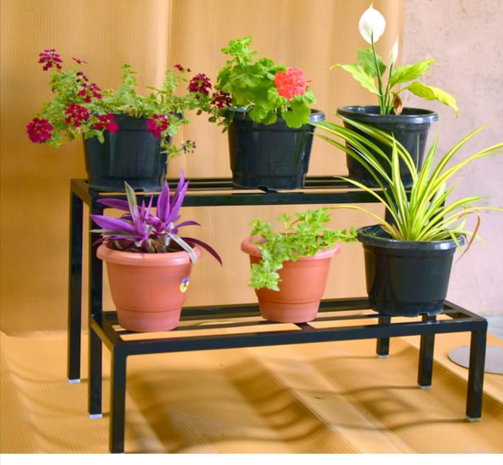 Image of A-One 2 Step Garden Plant stand Flower Pot Holder Plant Pot Stand Heavy Duty (BLACK) (Two Step)