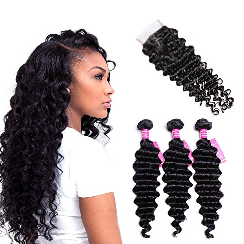 VRVOGUE (20 22 24+18 Inch) Brazilian Deep Wave 3 Bundles with Closure 100% Human Hair 7A Unprocessed Brazilian Virgin Hair 4x4 Free Part Lace Closure Natural Color Hair Weave Human Hair Extensions