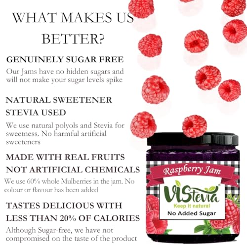 Image of Vistevia Sugar Free Mulberry & Raspberry Jam, Diabetic and Keto Friendly - Sweetened Naturally with Stevia, More Than 60% Whole Berry Content - Tastes Delicious - Pack of 2 (220 * 2 GM)
