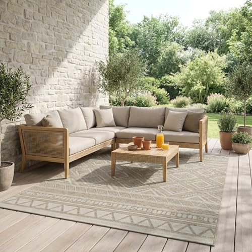 Mias Teppiche Denver robuster Outdoor Teppich modern Wetterfest & UV-beständig für Balkon Terrasse und Wintergarten flach auch für Küche oder Esszimmer Beige 80 x 150 cm