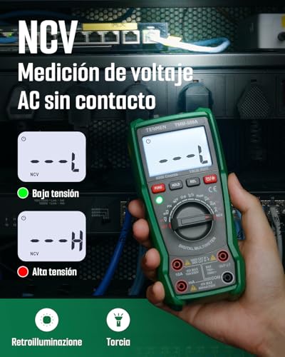 TMM-569A Multímetro Digital, Ohmímetro TRMS 4000 Cuentas, Probador de Voltaje con NCV, Voltaje y Corriente, Resistencia, Continuidad, Diodo, Capacitancia, Fase, Temperatura, Cable Vivo - Verde - Imagen 6