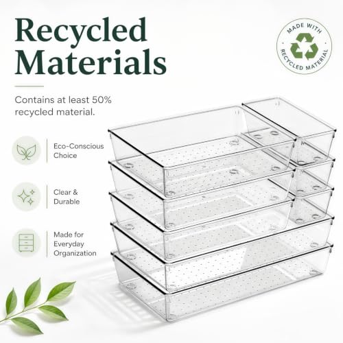 Image of 8 Pack Large Clear Plastic Drawer Organizer Bins - Acrylic Bathroom Drawer Organizer Trays - Heavy Duty Kitchen Drawer Dividers for Utensils - Non-Slip Storage Bins for Makeup, Bedroom, Office Desk