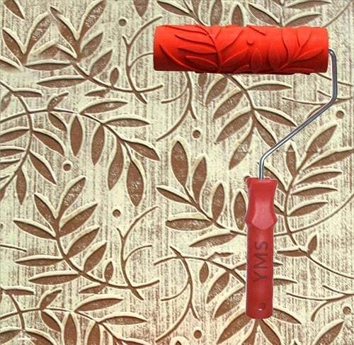 Image of YMS Leaf Pattern Rubber Roller with Handle, DIY Painting Tool Household Wall Art for Home Decoration (7 inch, Blue /Red)