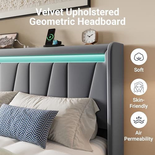 Image of Allewie Queen Size LED Bed Frame with Charging Station, Velvet Upholstered Platform Bed with Geometric Wingback Headboard, Modern Frame with No Box Spring Needed, Easy Assembly, Grey