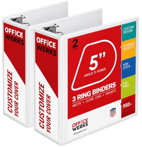 Image of 5 Inch 3 Ring Binder 2 Pack, Heavy Duty Locking D-Ring, Holds 950+ Sheets, PVC-Free, Assembled in USA, 8.5 x 11, Clear View Cover with Pockets, Customizable, Professional, White - Ring Binder Depot | Locking Rings, PVC-Free, Assembled in USA, 8.5 x 11, Clear View Cover, Pockets, Customizable, Professional Binder - RBD