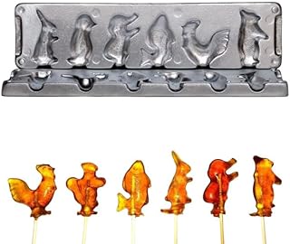 Cast Iron Candy Lollipop Mold Form with Bunny, Penguin, Little Elephant, Fish, Rooster, and Bear Shapes Durable Metal Mould for Making Sweet Treats, Chocolates & Crafts