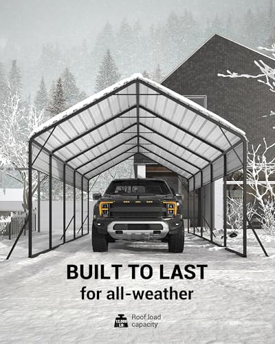 Image of Garveelife 13 ft x26 ft x11 ft Oversized Metal Carport, Steel Heavy Duty Carport for All-Weather, Permanent Shelter for Boats, Pickup Trucks, and Tractors, N.W. 780 LBS