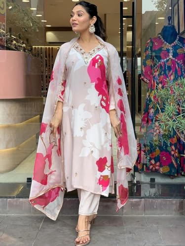 Image of Naixa Women's Natural Crepe Embroidered and Printed Straight Kurta with Pant and Dupatta Sets (M-Meghna)