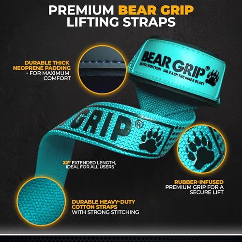 BEAR GRIP Straps, Premium Neoprene padded Heavy Duty double stitched weight lifting gym straps, Gel grip, 100% cotton - Image 3
