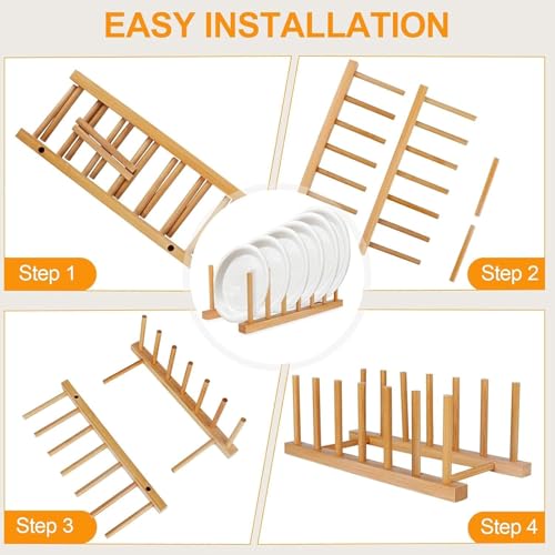 Image of CURATED CART Wooden Plate Organiser for Kitchen | Plate Stand Rack for Decor | Cabinet Plate Holder | 6 Adjustable Slots for Plates, Cup, Bowl & Dish Storage | Bamboo Wood (12x30m) | Pack of 2
