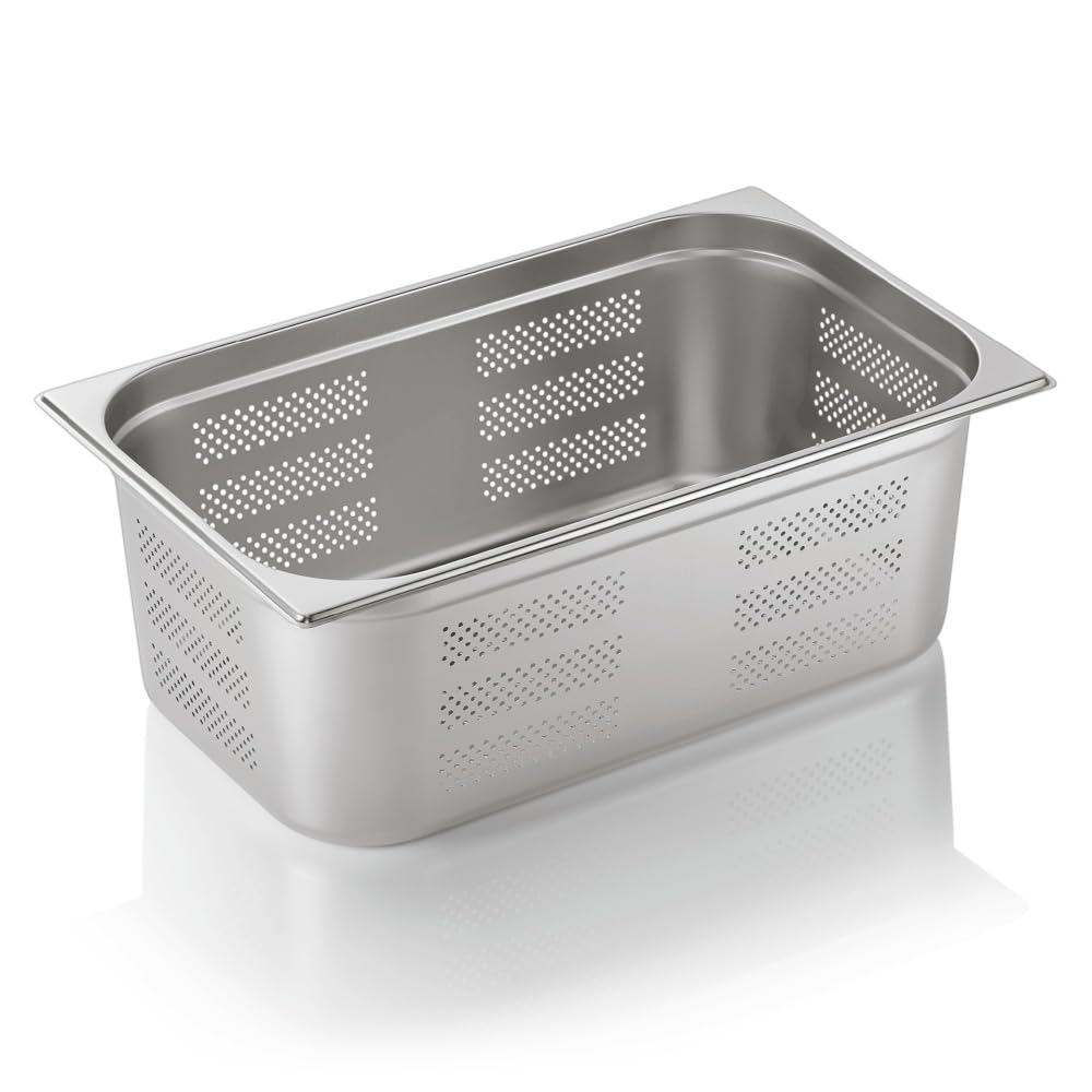 WAS 7111 100 Serie 71 Chromnickelstahl Gastronormbehälter mit Stapelrand, Boden & Seitenlochung, 1/1 GN, 325mm x 530mm x 100mm