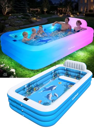 AixPool Extra Large Inflatable Pool with Lights,Upgraded Solar Powered Blow Up Pool for Adults,Inflatable Kids Swimming Pool with Seat& Backrest,Big Inflatable Kids Pool for Backyard,120x73x20IN