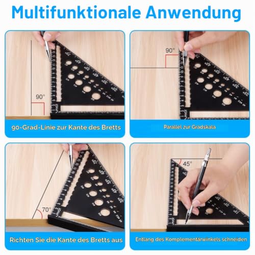 Foto von flintronic Zimmermannswinkel, 180 mm Winkelmesser Anschlagwinkel, 45 90 Grad Winkel Anschlagwinkel Metall, 5-in-1 Aluminiumwinkel zum Präzisen Anreißen & Zeichnen, Multifunktional Schreinerwinke