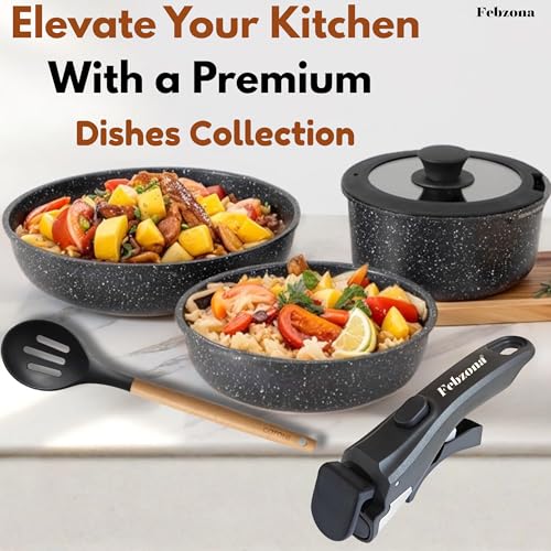 Image of Febzona 6 Pcs Pots and Pans Non Stick Cookware Combo Set Induction Ready, with Detachable Handle, Stackable Kitchen Cooking Set Removable Handles, Oven Safe, frypan Tea pan Utensils (Stone Black)