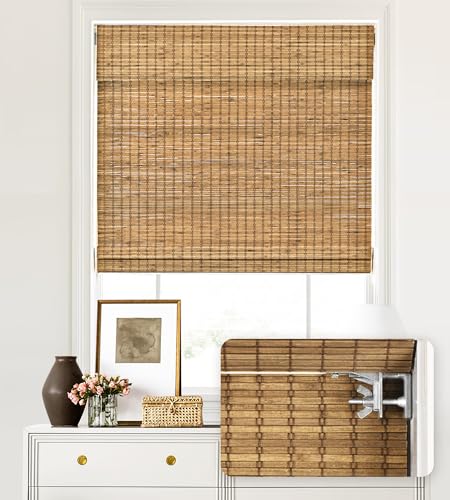 Image of LazBlinds No Tools No Drill Cordless Bamboo Roman Shades, Light Filtering Window Treatment, Roll Up Bamboo Blinds for Windows 23'' W x 64'' H, Eastfield Teak