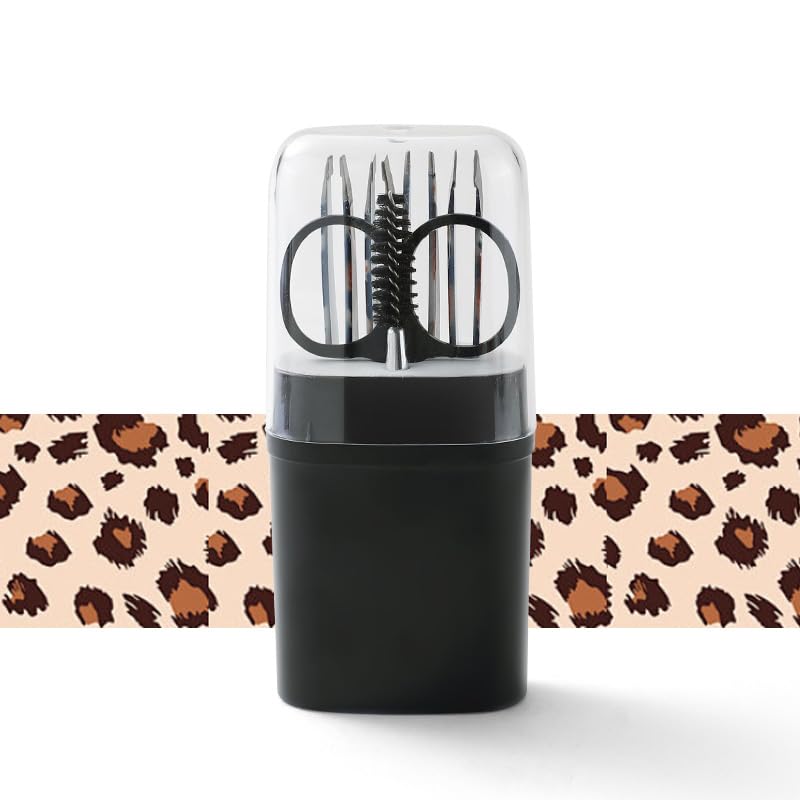 LEVY WAVE 眉毛はさみセット, ステンレス鋼製, 両利き対応, 収納ケース付き, ピンク 6点ツール (ヒョウ柄)